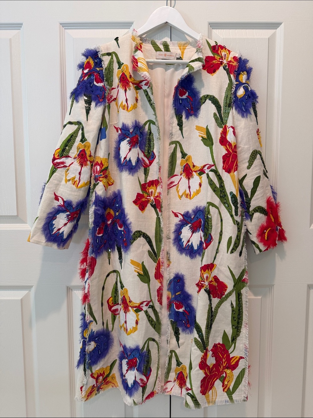 Tory Burch Floral Appliqué & Sequin Coat - White with Blue, Red & Yellow Flowers